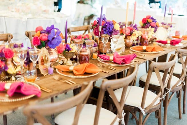 Styled wedding breakfast table orange purple pink | Kelly Chandler Consulting