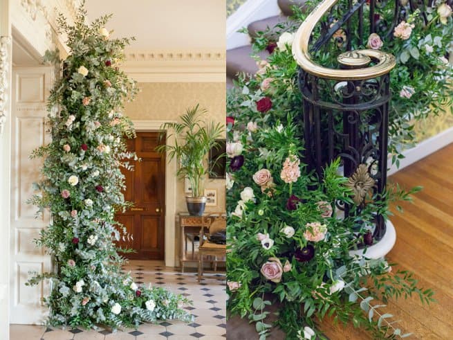 Wedding flowers on a staircase and door frame | Kelly Chandler Consulting
