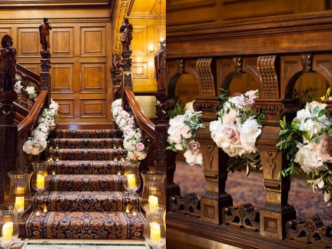 Wedding flowers on a staircase | Kelly Chandler Consulting