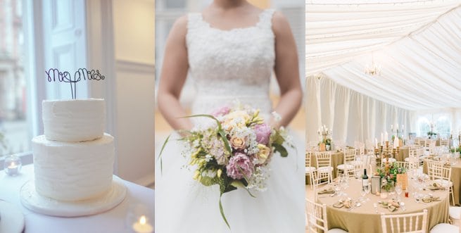 Wedding cake bride holding flowers and wedding table settings | Kelly Chandler Consulting