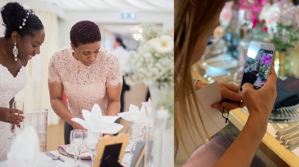 Wedding planner and brides looking at table settings