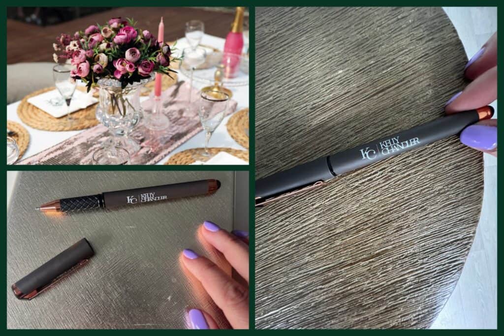 Kelly Chandler branded pen and floral table setting with purple nails.