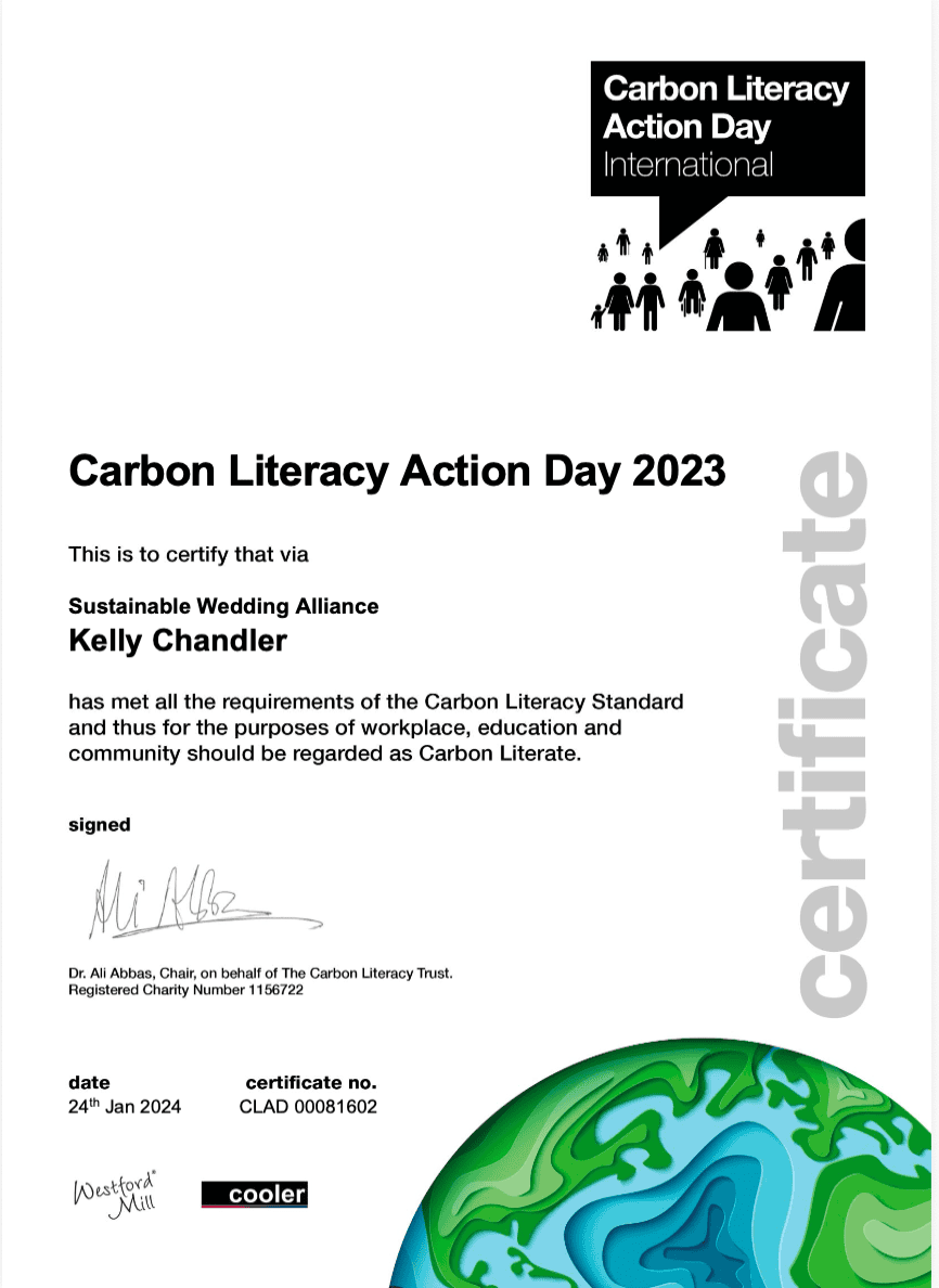 Kelly Chandler's Carbon Literacy Training certificate from Sustainable Wedding Alliance 2023