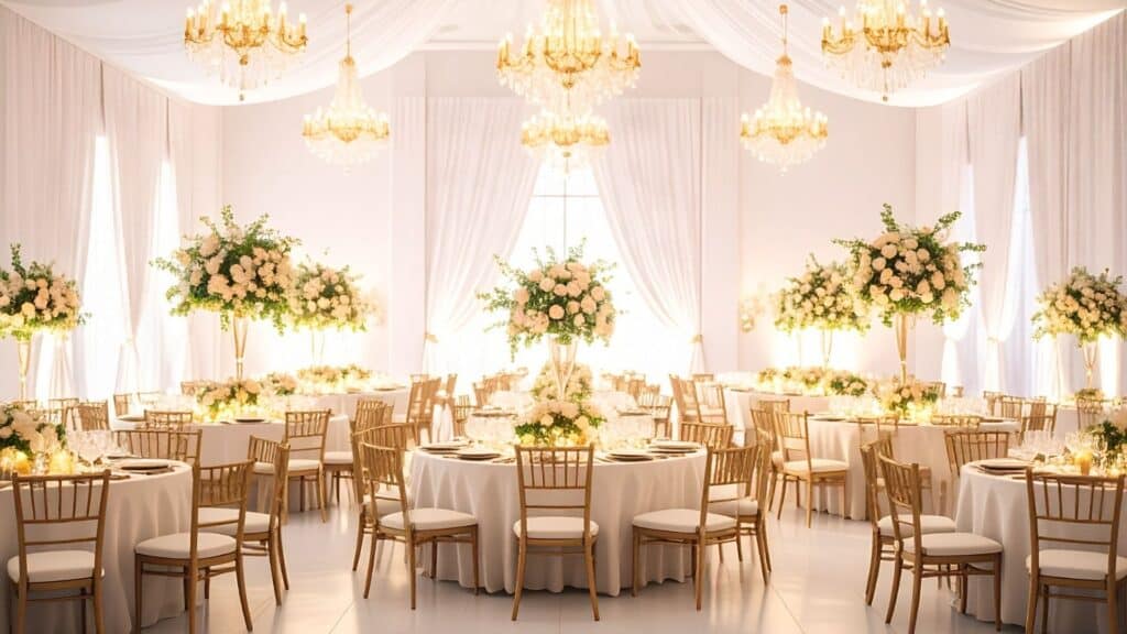Elegant wedding reception setup with floral centrepieces and chandeliers.