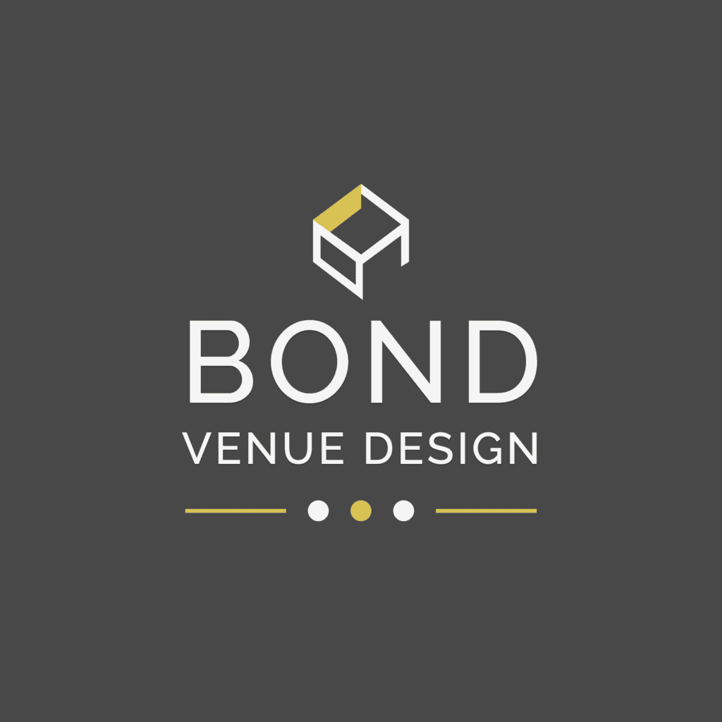 Bond Venue Design logo with geometric cube and modern font on dark background.