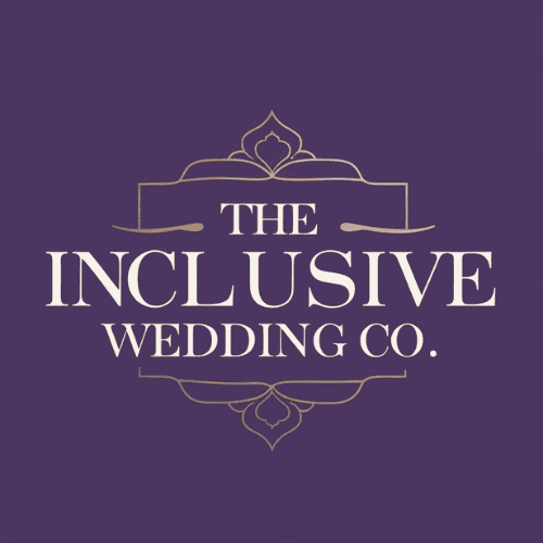 The Inclusive Wedding Co. logo on a purple background with elegant gold design.