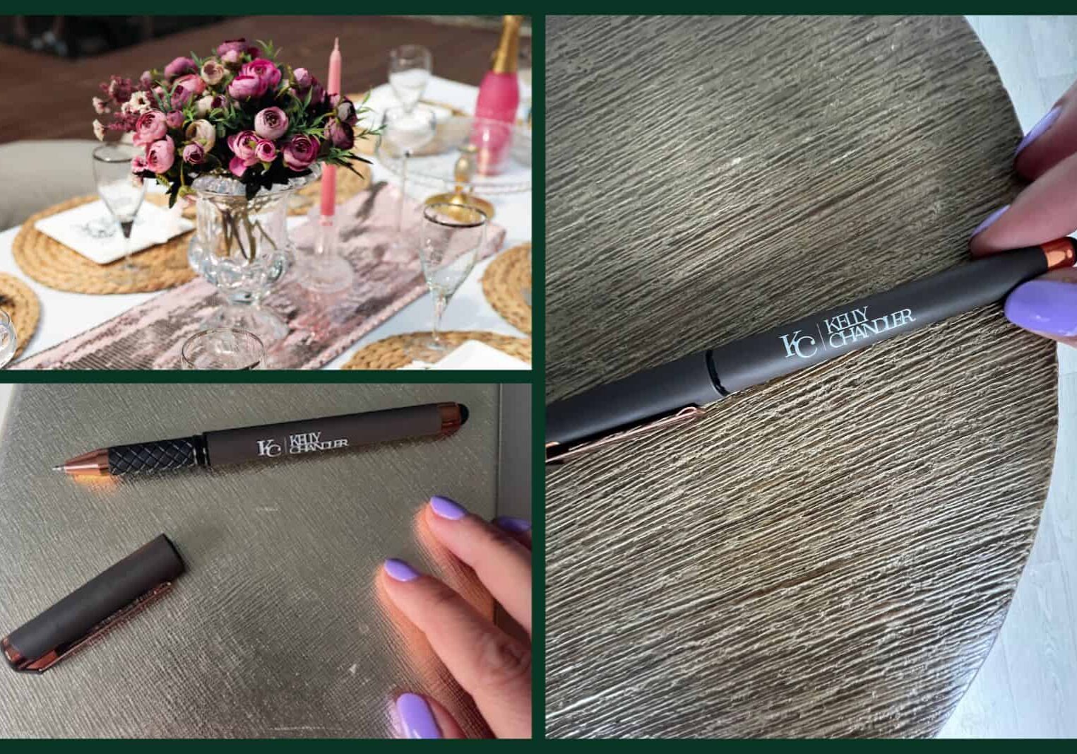 Kelly Chandler branded pen and floral table setting with purple nails.